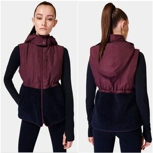Sweaty Betty Urban Sherpa Gilet Hooded Zip up Vest Plum, Black | Size 4